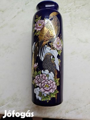 Exkluzív Japán Kobaltkék Porcelán VázaAranyozott Fácánpárral 24,5cm