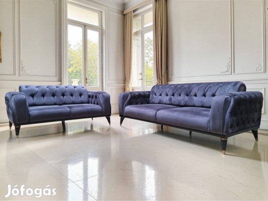 Exkluzív chesterfield stílusú, gombtűzött, antracit ülőgarnitúra 3+2