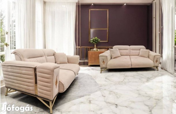 Extravagáns 2 db egyforma bézs bársony ülőgarnitúra, párnákkal
