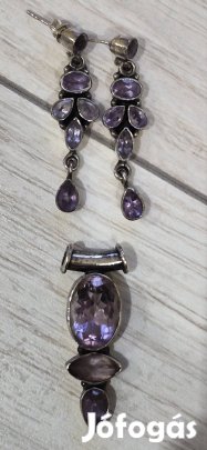 Ezüst fülbevaló és medál Ametiszt drágakővel
