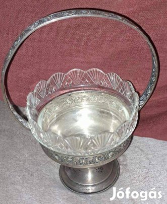 Ezüst kínáló kosár üveg betéttel
