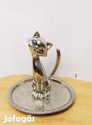 Ezüstözött Art Deco kék kristály szemű cica. Bonbonier fedél