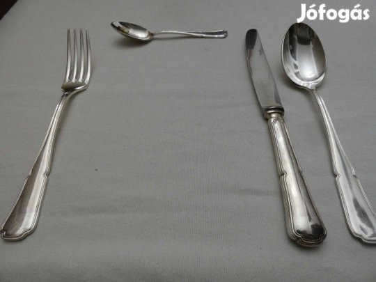 Ezüstözött, 54 darabos, antik belga evőeszköz készlet