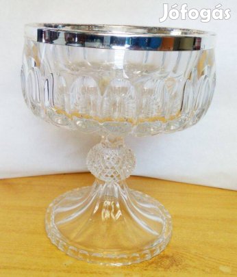 Ezüstözött peremű metszett kehely, kínáló kristály edény 1930-1940-es