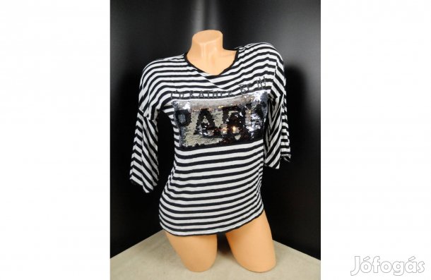F&F fekete fehér csíkos trapéz háromnegyedes ujjú gyerek póló felső si