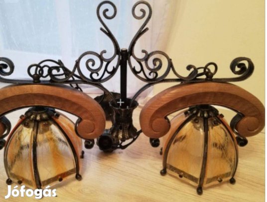 Fa, kovácsoltvas, üveg mennyezeti lámpa