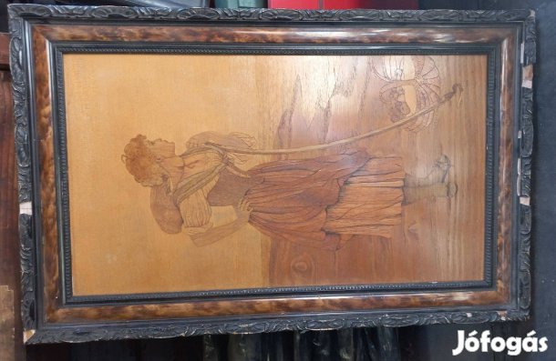 Fa falikép, fiatal nő kosárral, negyedáron