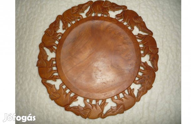 Fa faragott - kézműves kínáló tál tálca dísztárgy elefántokkal