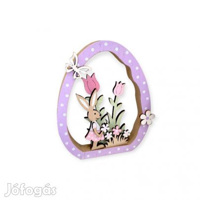 Fa húsvéti asztaldísz nyuszival és virágokkal 13x1,5x10,5 cm