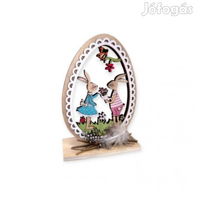 Fa húsvéti asztali dekoráció tojásnyuszival és tollal 9x4x14 cm