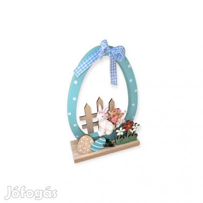 Fa húsvéti dísz színes tojásokkal, nyúl és kerítés motívummal 13x5x18c