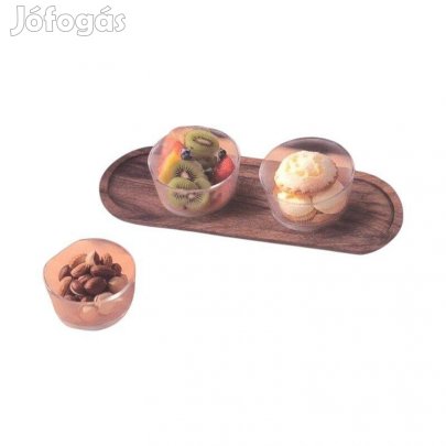 Fa kínáló tál szett 3 üveg tálkával 30x10 cm akácfa snack tálaló