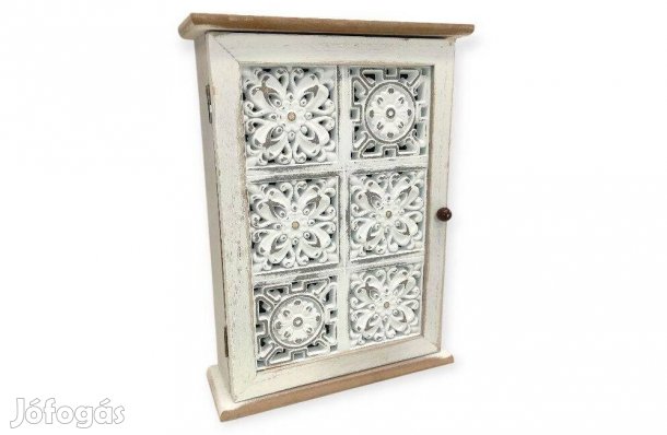 Fa kulcsszekrény virágmintával 6 kampóval, fehér