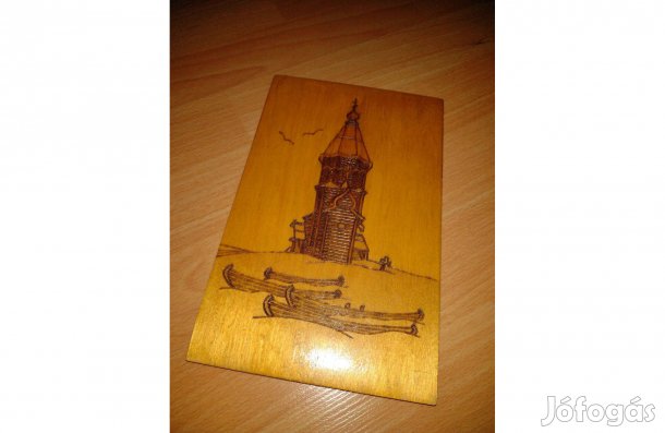 Fa tábla torony és csónakok, pirográf technika