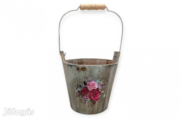 Fából készült edény fém nyéllel rózsamintával 18,5x18x15,5cm