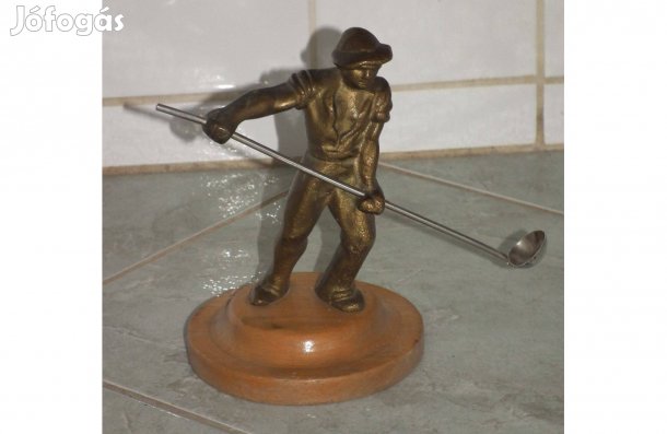 Fajsúlyos réz retró kohász szobor, öntödei munkás szobor
