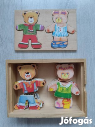 Fakopáncs fejlesztő játék, macis öltöztető fából - fiú és lány mackó