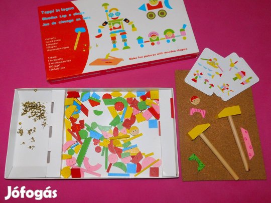 Fakopáncs játék, 126 darabos szögelős mozaik szett, két kalapáccsal