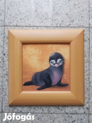Falikép, gyerekszobába, fókás, keretezett, új
