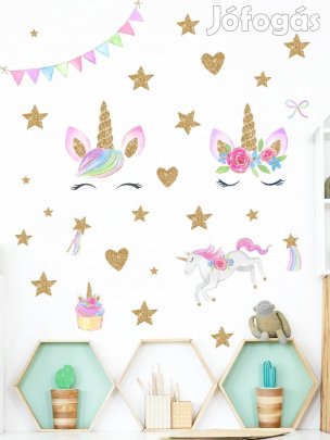 Falmatrica gyerekszobába - Unikornisok, arany csillagok