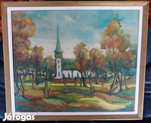 Falusi templom vászon olajkép