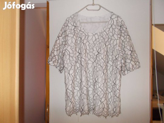 Fehér, fekete díszes csipke felső, blúz alkalmi 48/50 Újszerű