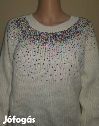 Fehér kötött pulóver színes flitteres díszítéssel S méret