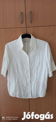 Fehér lenvászon rövid ujjú blúz 44-es