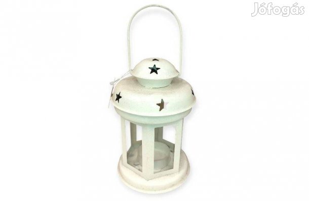 Fehér nyári dekoratív lámpás csillagmintával fém és üveg (10x15,5 cm