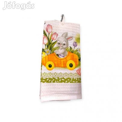 Fehér pamut húsvéti konyharuha nyúl autóban mintával 60x35 cm