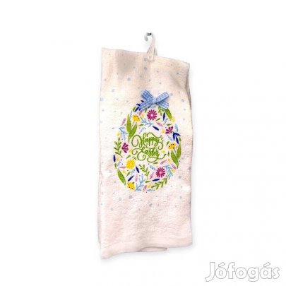 Fehér pamut húsvéti konyharuha tojás mintával Boldog húsvét feliratt