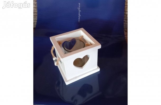Fehér szív mécsestartó fa és üveg 9 x 8 cm - Új