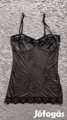 Fekete, fényes ezüst mintás, csipkés top S-es