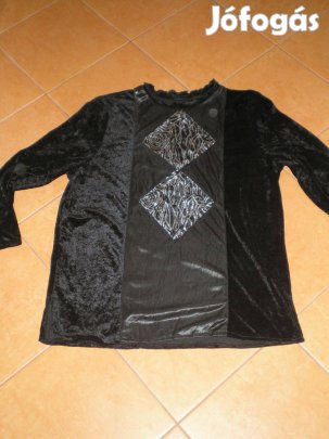 Fekete bársony hosszú ujjú női felső, ezüst mintákkal XL-es XL