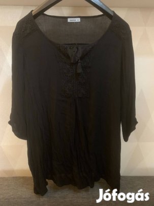 Fekete bojtos megkötős Jamina blúz, tunika, gyűrt anyag 46