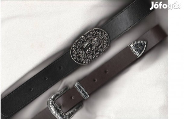 Fekete és barna női öv, dekoratív ezüst csattal, 2 db egyben