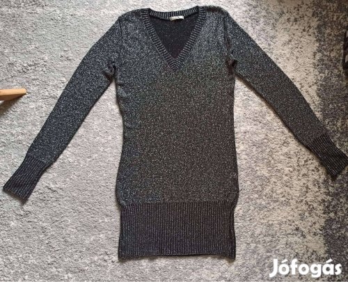 Fekete ezüstösen csillogó kötött miniruha, tunika, hosszú pulóver