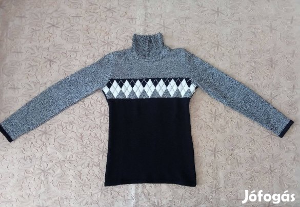 Fekete-fehér-ezüst kárómintás elegáns pulóver 36/38