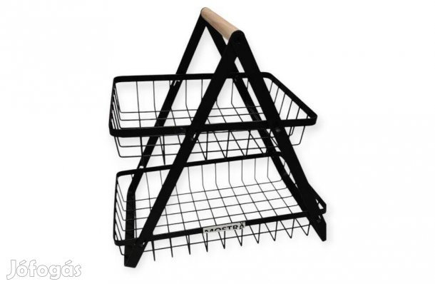 Fekete fém polc 2 szinttel és fa fogantyúval 30x18x32 cm