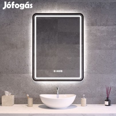 Fekete keretes Loft stílusú LED tükör 60x80cm | Páramentesítő - Óra -
