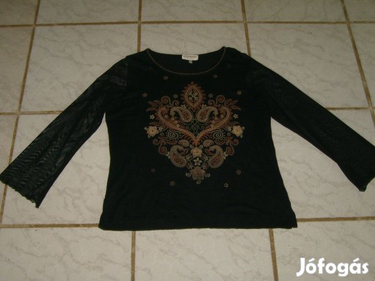 Fekete mintás poló átlátszó tüll ujjal 38-40-es, sztreccs - Új