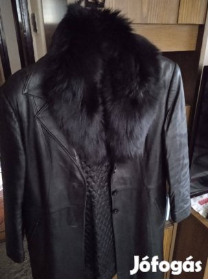 Fekete női bélelt bőrkabát kis mellény és prém gallér XXL karcsúsított