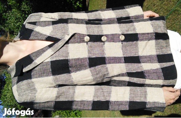 Fekete szürke fehér kockás női blézer len 44 44-es lenvászon