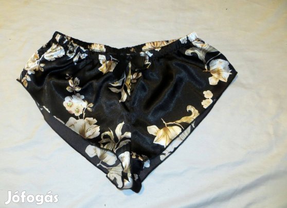 Fekete virágmintás selyem hálónadrág M-s db:66-98 cm