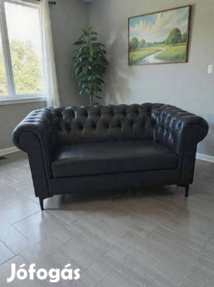 Fél ár!Bezárunk!!Új valódi bőr Chesterfield fekete kanapé 300e Ft