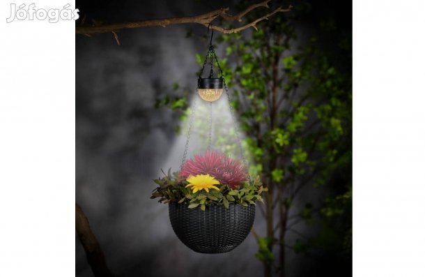 Felakasztható LED szolár - virág kaspó - fekete - műanyag - 26 x 16 cm