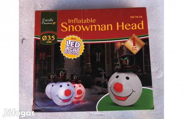Felfújható Karácsonyi hóemberfej 35 x 50 cm - piros / kék LED-del