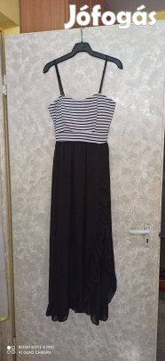 Felül fekete fehér csíkos alul fekete muszlin pántos maxi ruha
