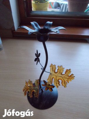 Fém, fekete mécsestartó, vagy csak borostyán sárga leveles dísz 20 cm