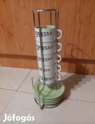 Fém állványon kávéskészlet zöld és fehér újszerű